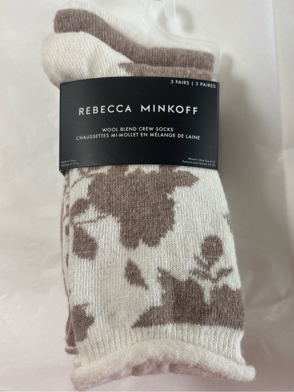 Rebecca Minkoff Cream and Brown Floral Crew Socks-3pk